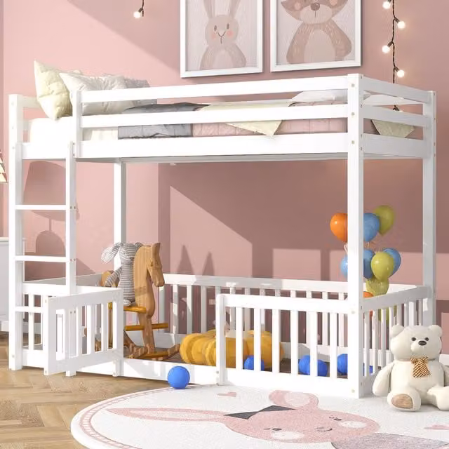 Aosom.UK Childrens Solid Pine Wood Bunk Bed with Safety Railings and Right-Angled Ladder in White, W/D/H: 198 x 101.5 x 150 cm – 1