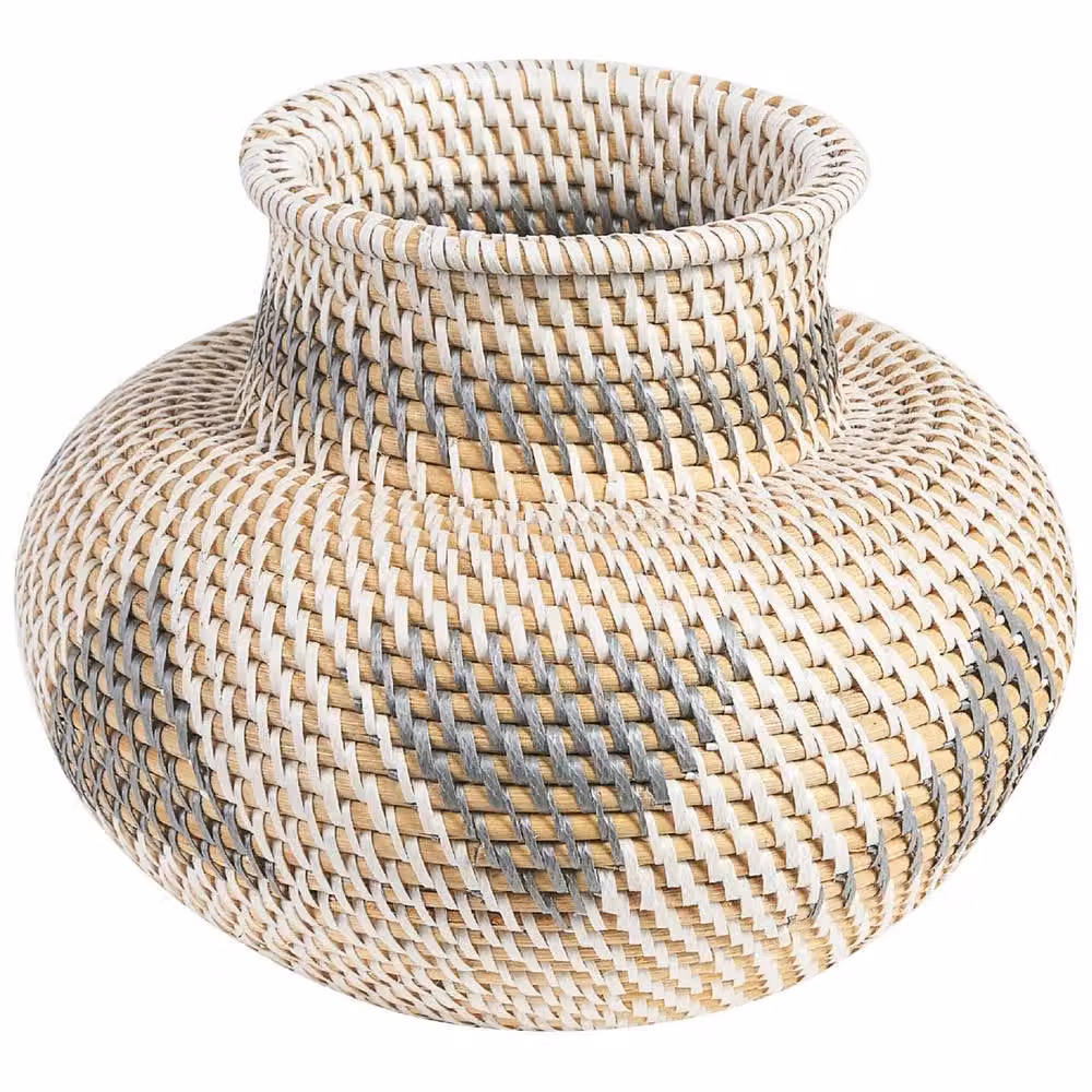 Wyld and Coco Handwoven Rattan Tabletop Vase in White and Grey, H 24 cm x W 24 cm x D 22 cm – 2