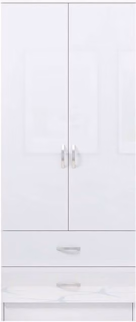 FLAVORA Modern High Gloss White Wardrobe with 2 Doors and 2 Drawers, H 180 cm x W 76 cm x D 60 cm