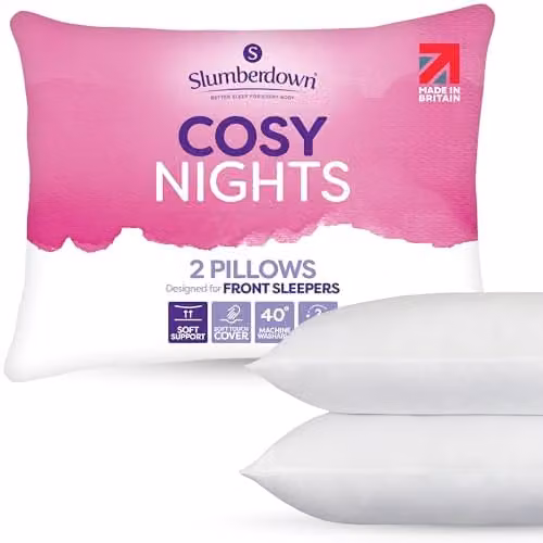 Slumberdown Cosy Nights Soft Support Bed Pillows, 2 Pack, White, W: 74 cm, H: 48 cm – 1