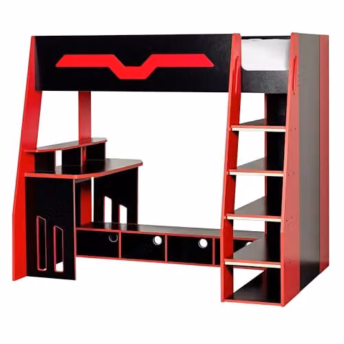 Julian Bowen Eagle Single Black and Red Wooden Gaming Highsleeper Loft Bed with Stairs and Side Compartments W/D/H: 90 x 190 x 172 cm – 10