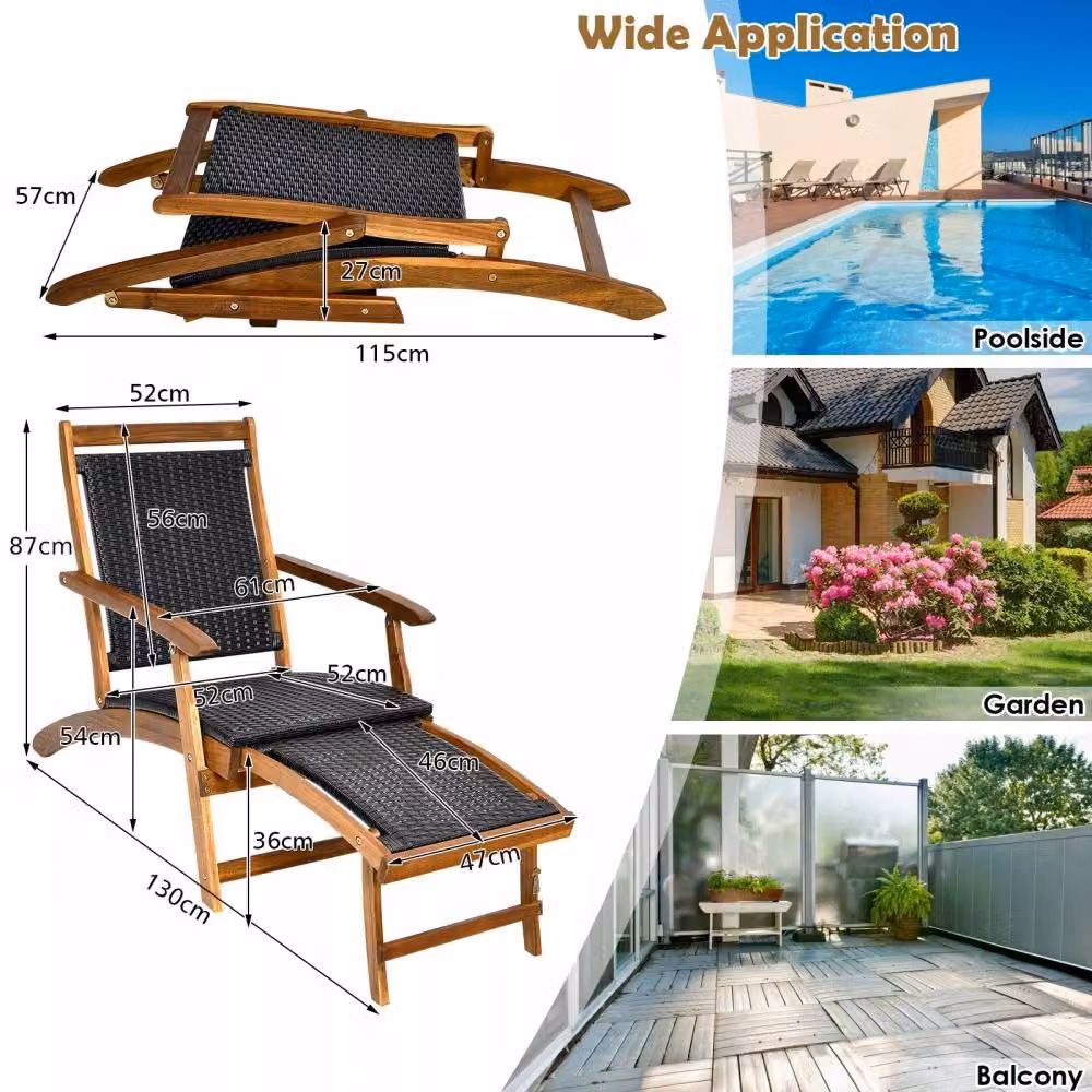 Costway Folding Acacia Wood Lounge Chair with Retractable Footrest in Dark Brown – 2