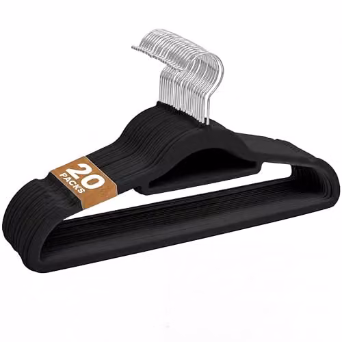 Sasha Morel 20 Pack Non-Slip Velvet Coat Hangers with Tie Organiser and Swivel Hooks in Black – 1