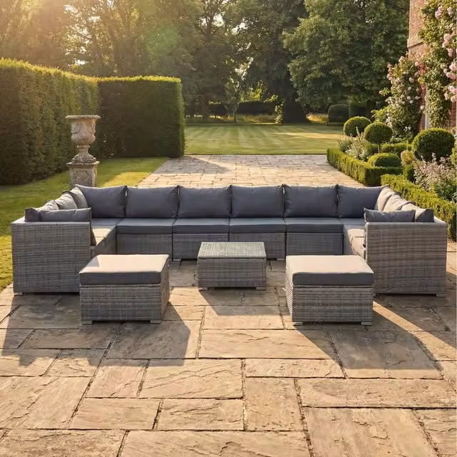 Artemis Home Oliena 12 Seat Modular Rattan Large U-Shape Garden Furniture Set in Grey and Brown