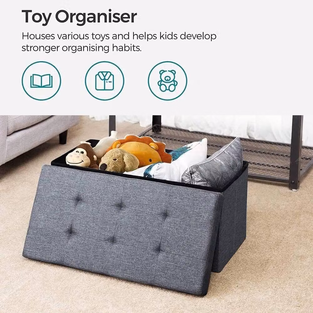 PAWNORA Grey Linen Upholstered Ottoman Storage Seat Stool, W/D/H: 76 x 38 x 38 cm – 3