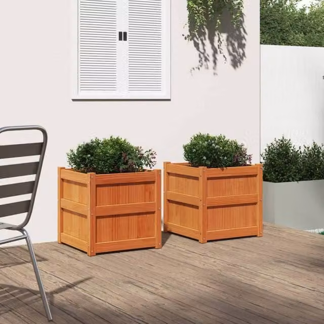 Berkfield Home Garden Planter Tub Set, 2 Pieces, Wax Brown Solid Wood Pine, W/D/H: 60 x 60 x 60 cm