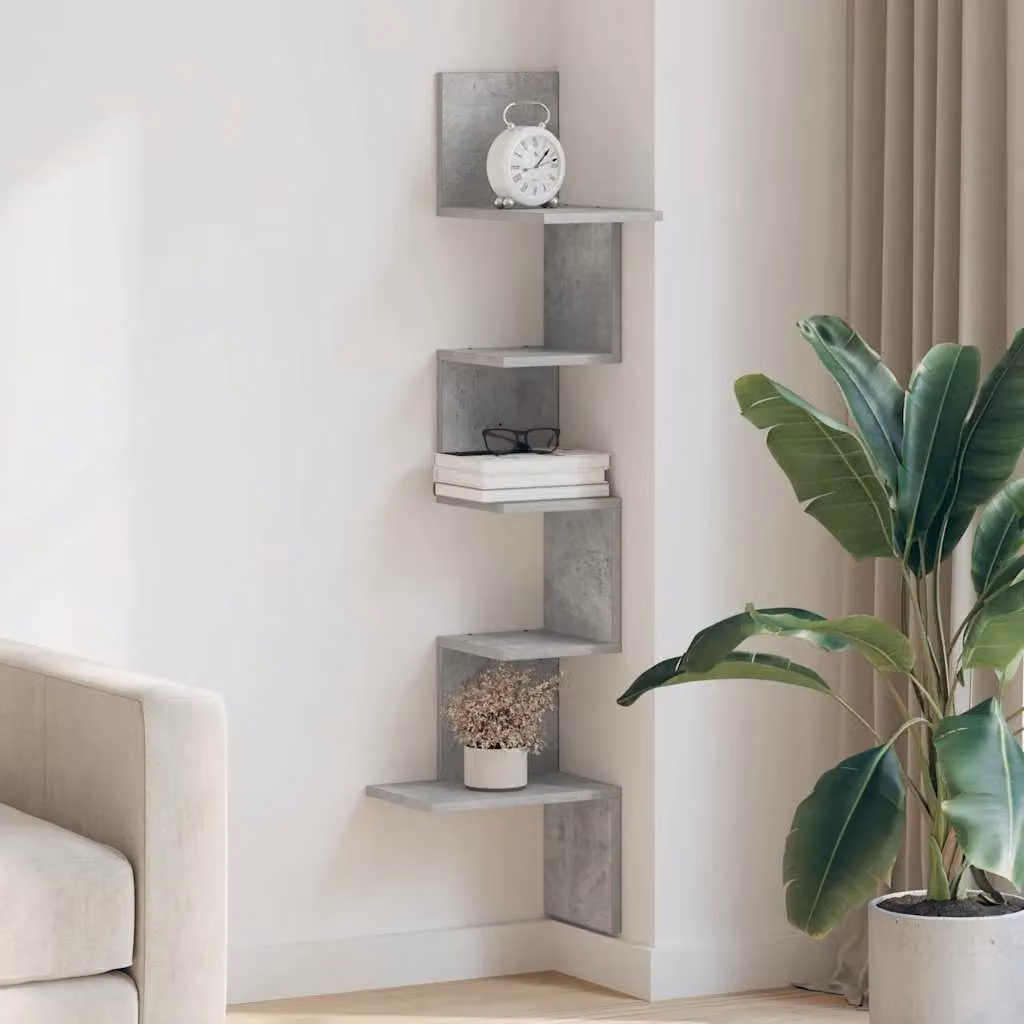 Berkfield Home Wall Mounted Corner Shelf in Concrete Grey, W/D/H: 32 x 32 x 127.5 cm – 2