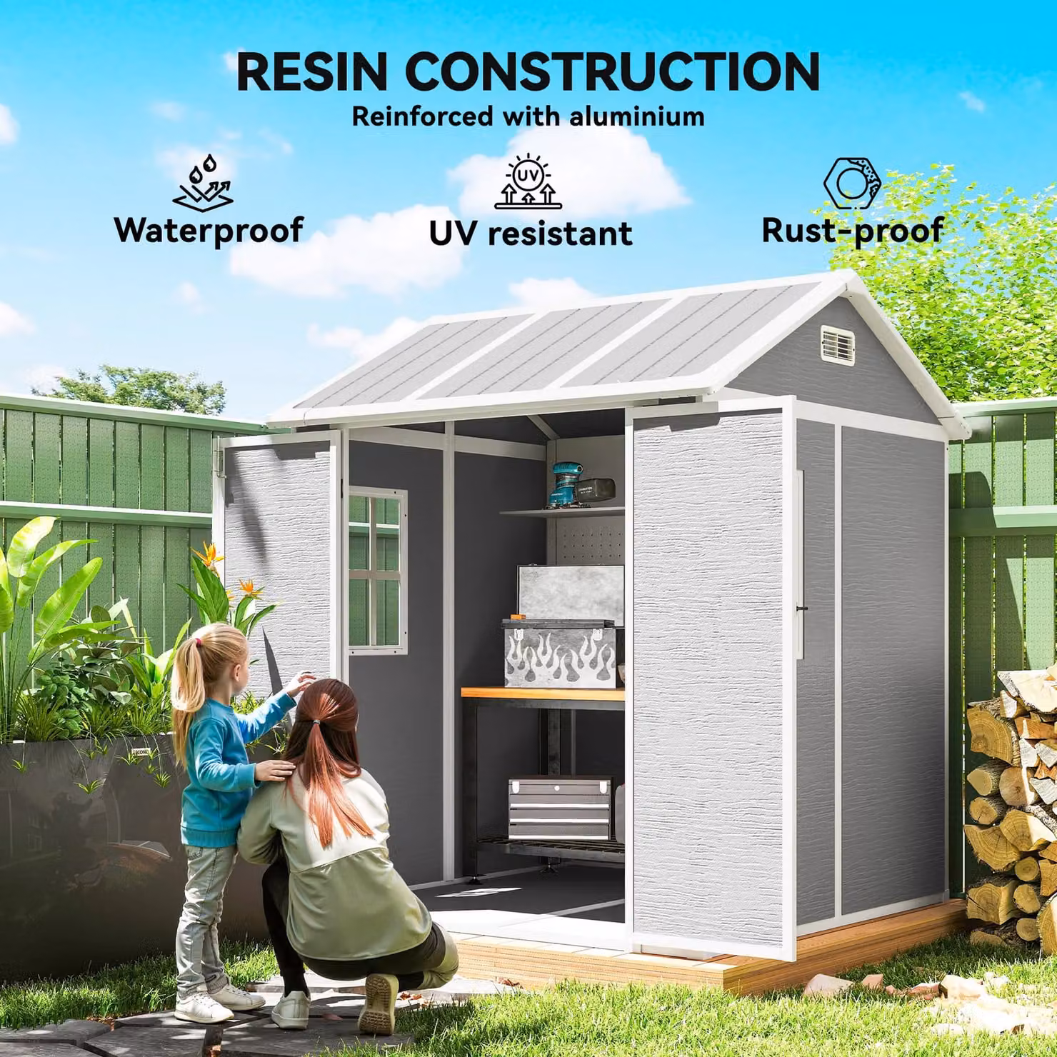 OUTSUNNY Grey Plastic Garden Shed with Floor, Window and Vents, W/D/H: 182.88 x 170.0 x 220.0 cm – 3