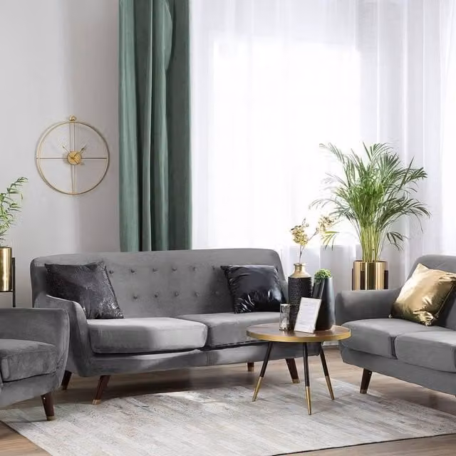 Wyld and Coco Grey Velvet Mid-Century Sofa Set Including 3-Seater, 2-Seater and Armchair with Rubberwood Frame