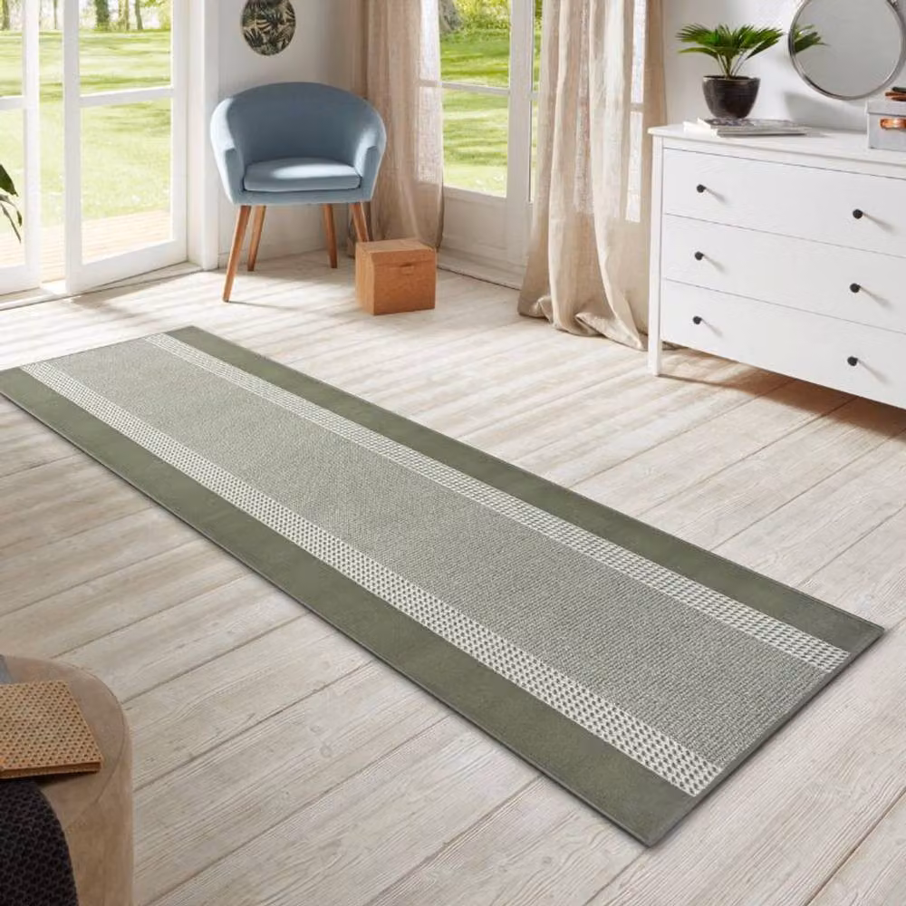 THE RUGS Designer Velours Band Green Polypropylene Rug, W: 200 cm, D: 290 cm – 3