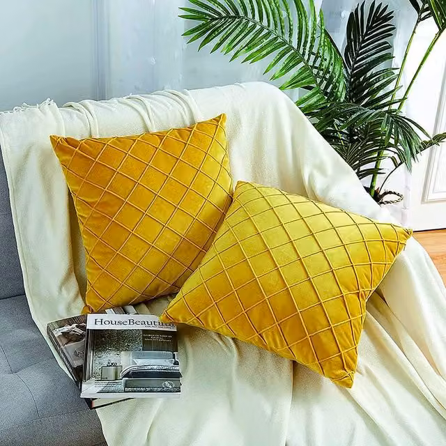 YnysTec Yellow Velvet Checked Square Cushion Cover, W/D/H: 40 x 40 x 40 cm – 1