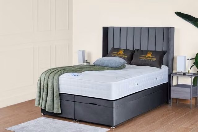 UK Bed Furniture Victoria End Lift Divan Ottoman Bed with 54 Inch Headboard in Grey, W/D/H: 180 x 200 cm