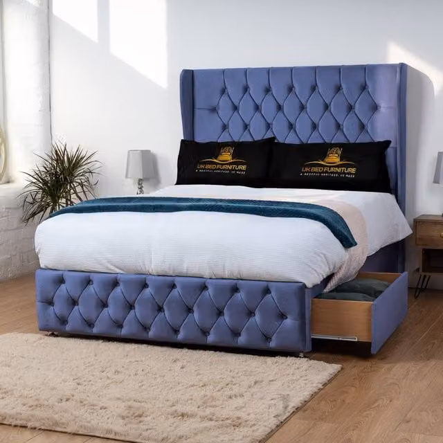UK Bed Furniture Luxor Wingback Divan Bed with 54 Inch Headboard and 2 Foot End Drawers in Blue Velvet, Super King, W/D/H: 200 x 200 cm