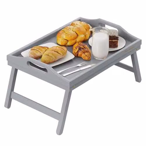 Mantraraj Bamboo Bed Tray Table with Foldable Legs and Handles in Grey, W: 60.5 cm, D: 30 cm, H: 23 cm
