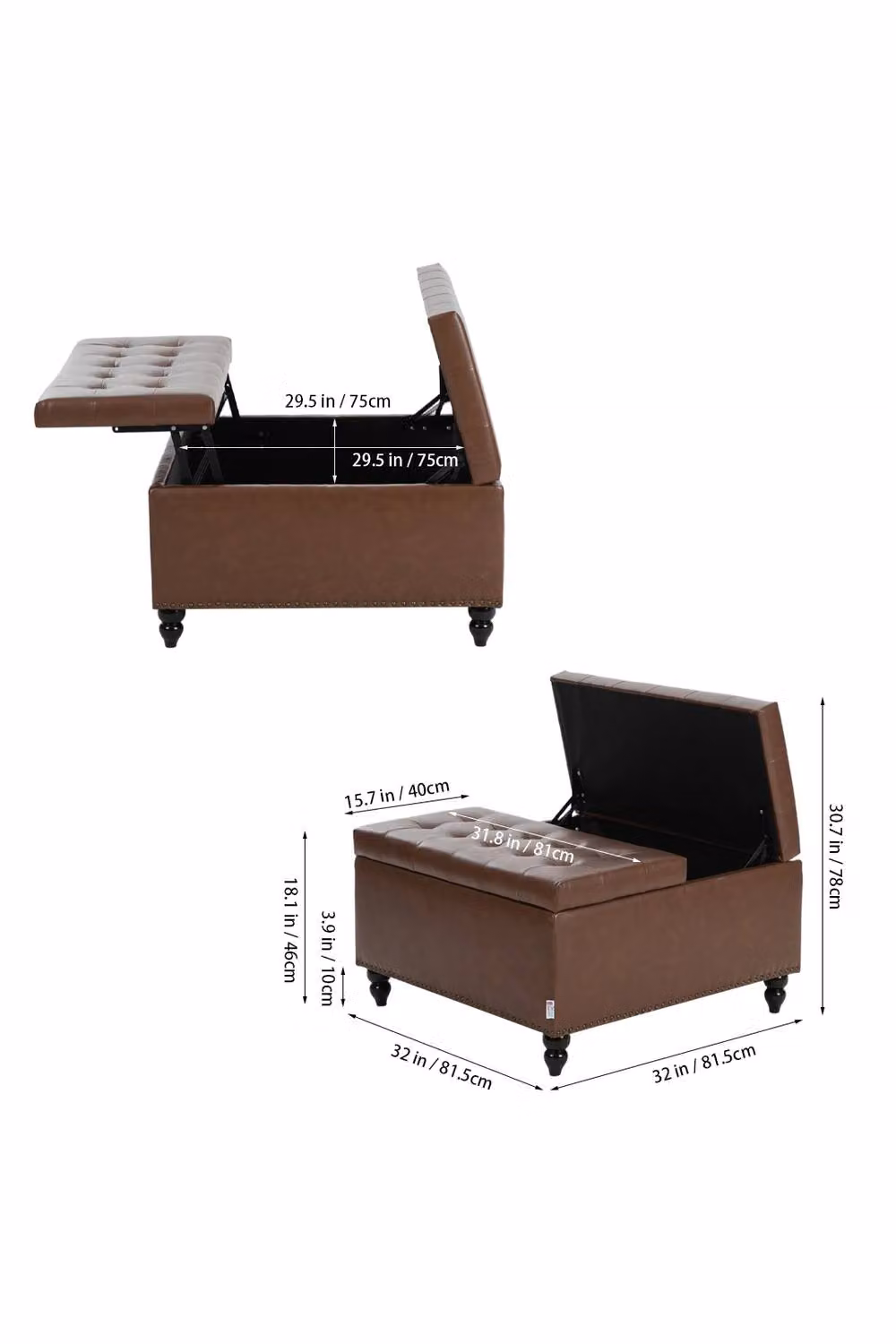 Living and Home Rectangular PU Leather Upholstered Storage Ottoman with Lift-Top in Brown – 3