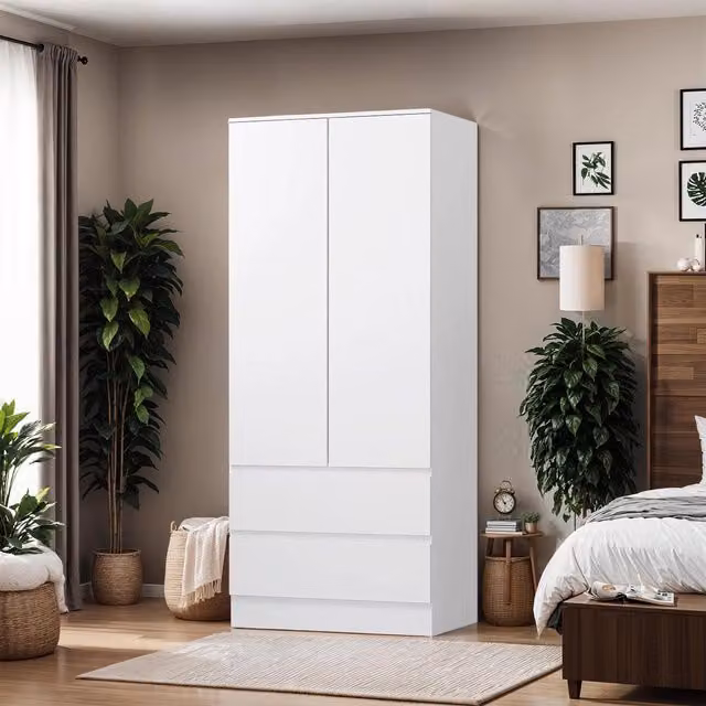 FWStyle Matt White Double Combination Wardrobe with 2 Doors and 2 Drawers