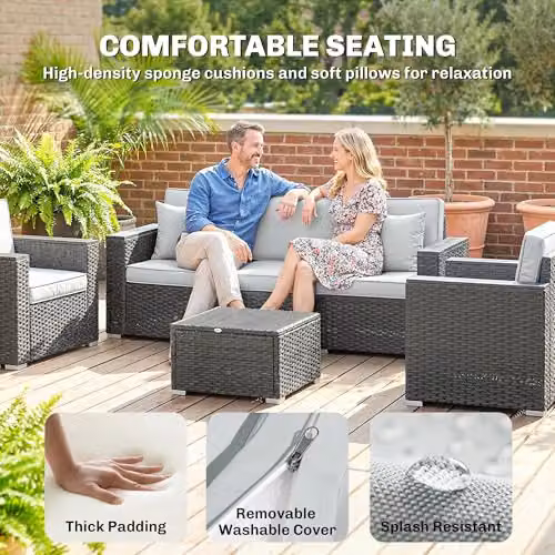 Outsunny 5 Seater Rattan Garden Furniture Set with Upholstered Cushions in Grey – 5