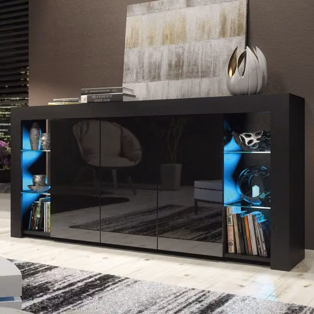 Mex Furniture LTD Modern Black Gloss Sideboard with LED Lighting, W: 164 cm, H: 83 cm, D: 35 cm – 1