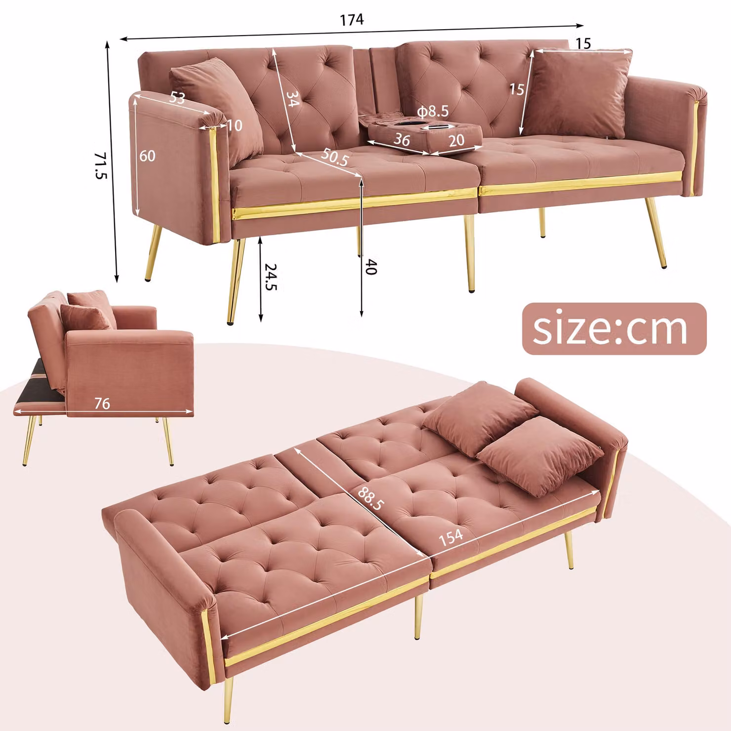 Aosom UK Pink Velvet Two-Seater Convertible Sofa Bed with Adjustable Backrest and Cup Holders, W/D/H: 174 x 76 x 71.5 cm – 3