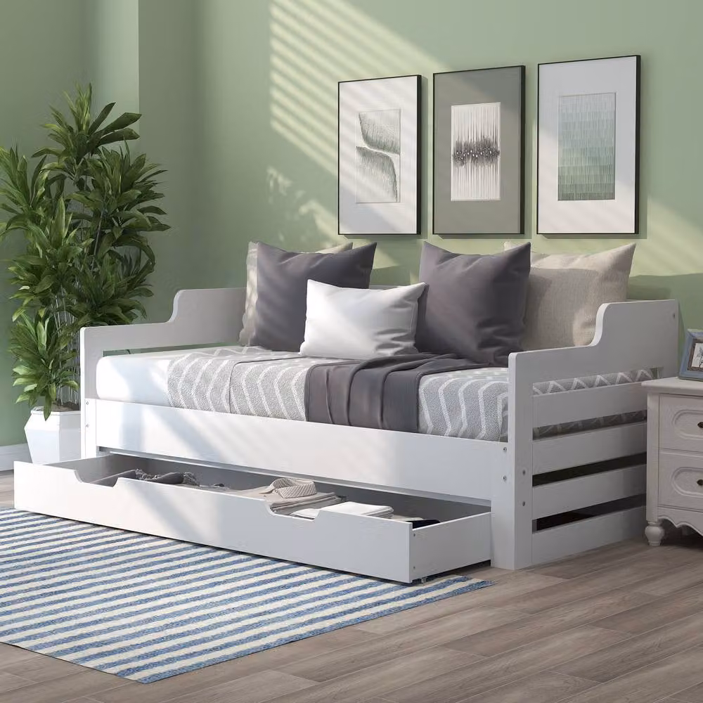 ModernLuxe Kids Single Cabin Daybed with Trundle and Storage Drawer in White, W/D/H: 240 x 90 x 182 cm – 3
