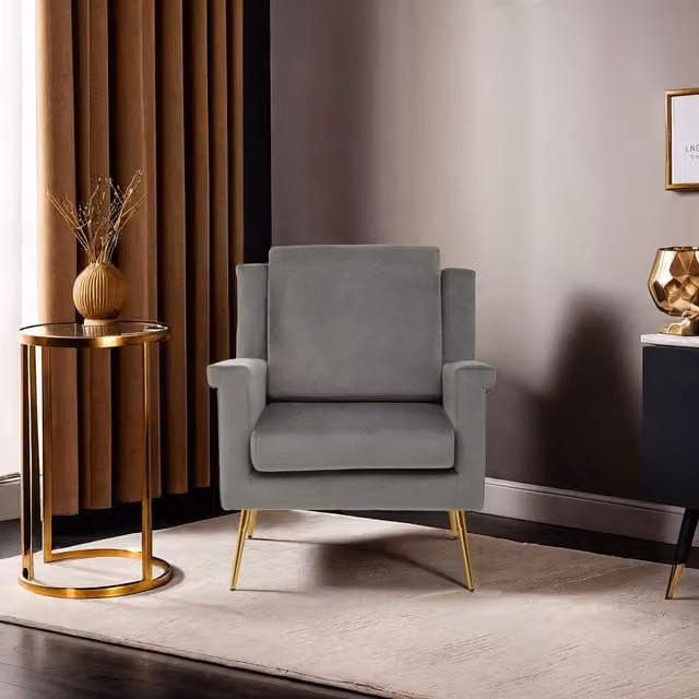 Orsina Grey Velvet Mid-Century Modern Accent Armchair with Gold Details