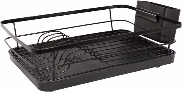 Harbour Housewares Metal Dish Drainer Rack with Drip Tray and Cutlery Holder, Black