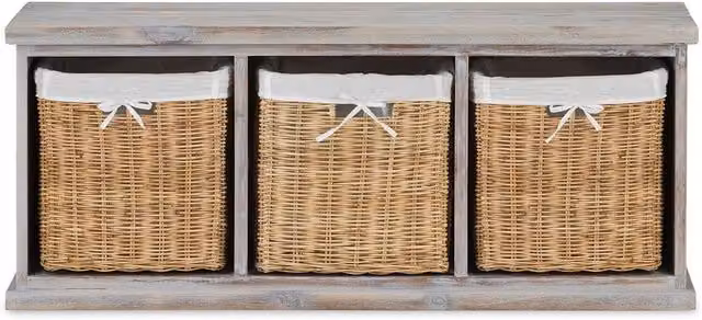 Tetbury Acacia Bench with Storage Baskets in Grey-Wash Acacia, W: 112 cm, H: 46 cm, D: 40 cm