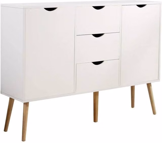 FORGEVIO Modern White Sideboard Storage Cabinet with 2 Doors, 3 Drawers and Wood Legs