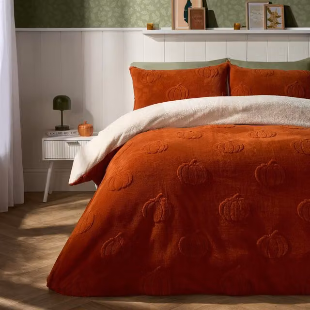 OHS Pumpkin Tufted Teddy Fleece Super Soft Duvet Set with Pillowcase in Burnt Orange, Size: King (180 x 200 cm) – 1