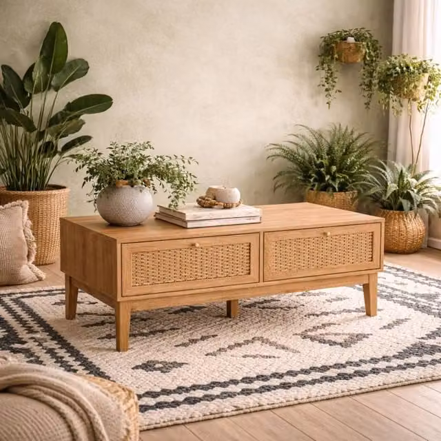 Wyld Haus Waterford Oak and Rattan Coffee Table with 2 Drawers in Sand, Gold and Brown, W/D/H: 120 x 60 x 43.2 cm – 1