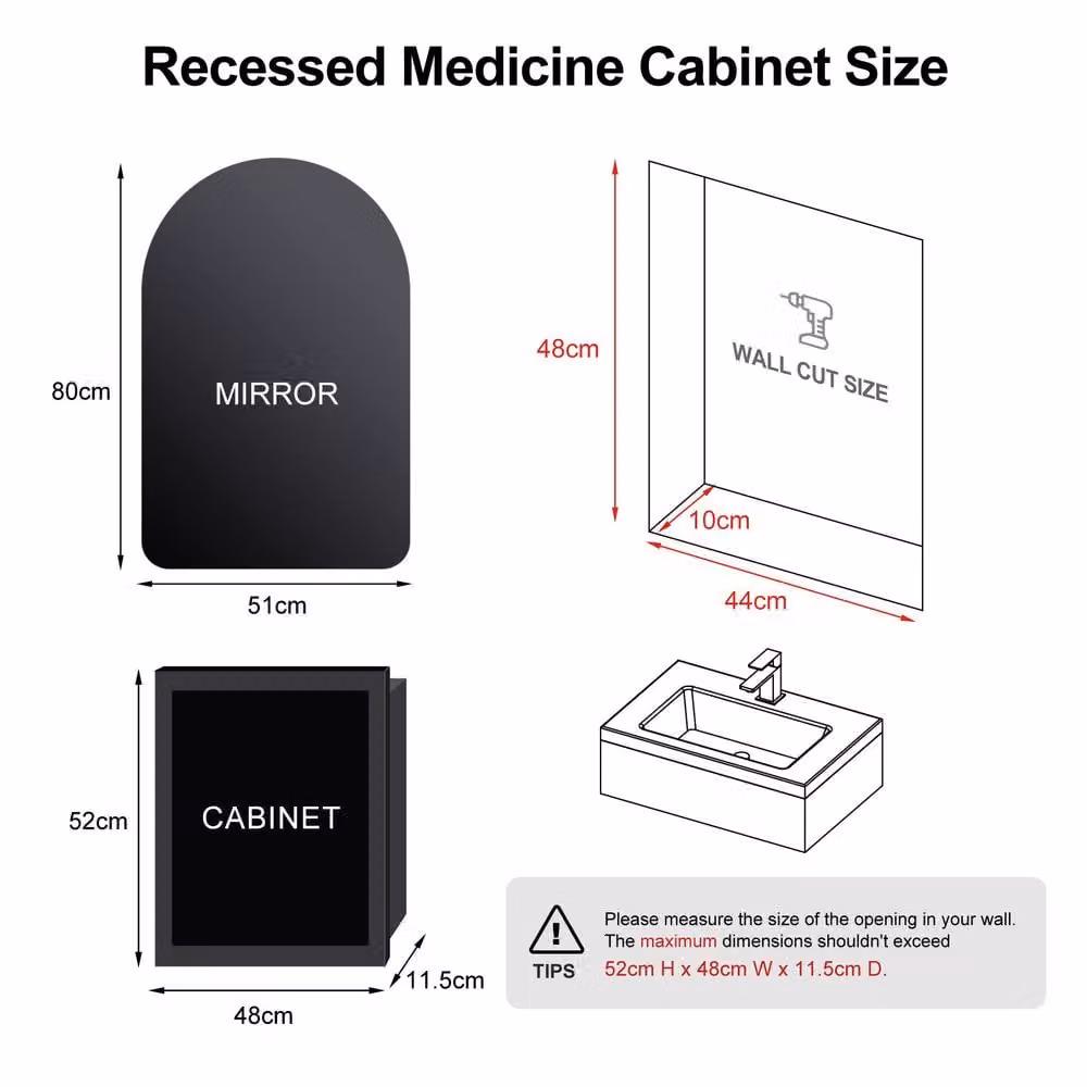 KEEPREAPER Black Arched LED Mirrored Bathroom Cabinet with Glass Shelves and Sensor Switch, W/D/H: 51 x 13 x 80 cm – 3