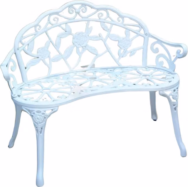 Furnold Antique White Metal Garden Bench with Floral Rose Petal Detail