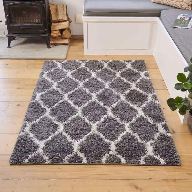 The Rug House Grey Trellis Shaggy Area Rug, W: 220 cm, D: 160 cm