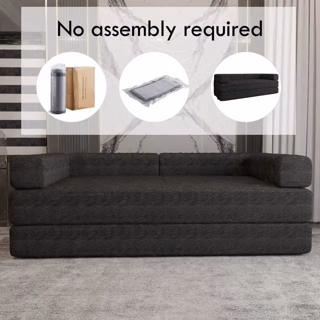 MN Furniture Modern 3 Seater Fabric Sofa Bed with Metal Frame in Black or Grey, W/D/H: 203 x 140 x 72 cm – 1