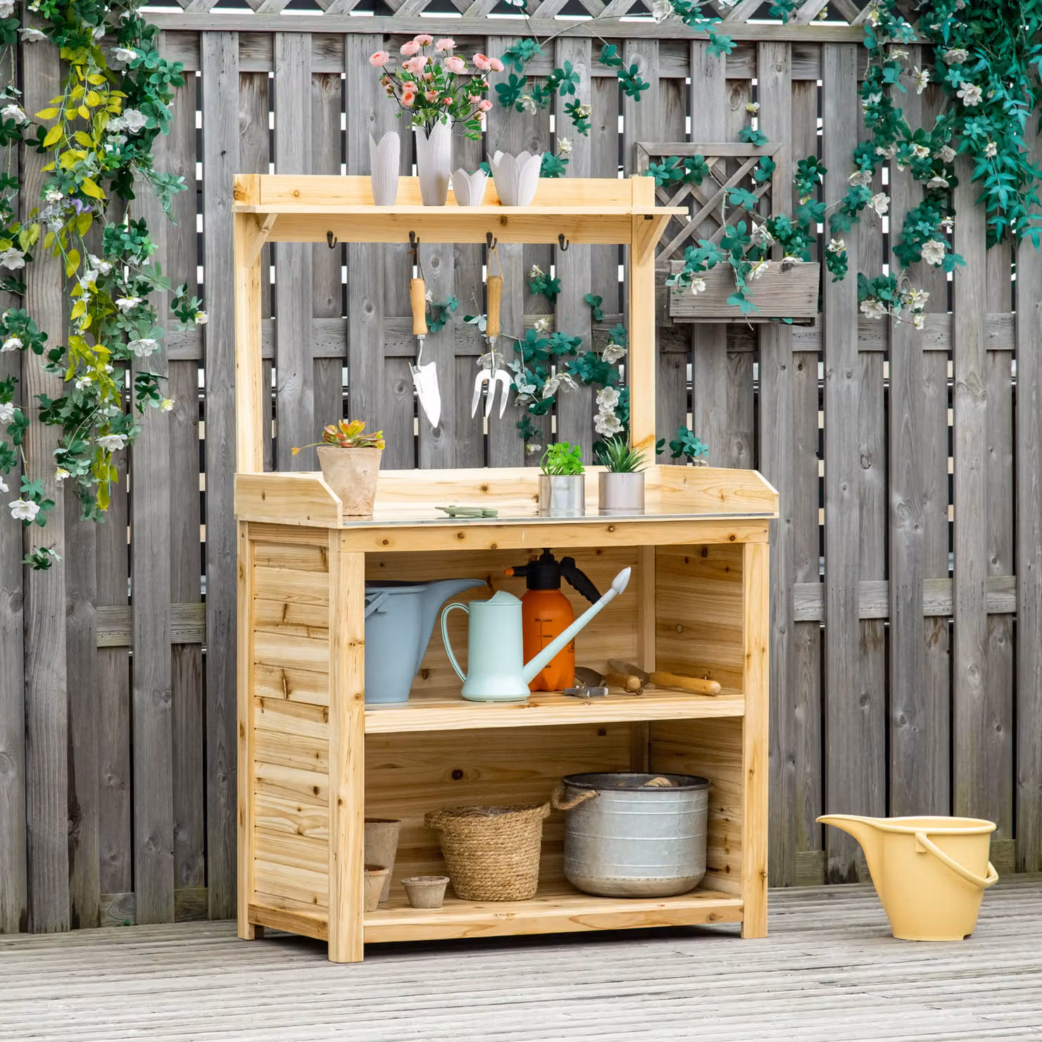 Outsunny Wooden Garden Potting Bench with Galvanised Steel Tabletop, Storage Shelves and Hooks, Brown – 2