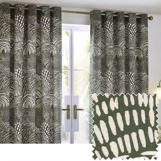 Make It A Home Nola Abstract Cotton Eyelet Curtains, Green, Set of 2, W: 137 cm, H: 168 cm