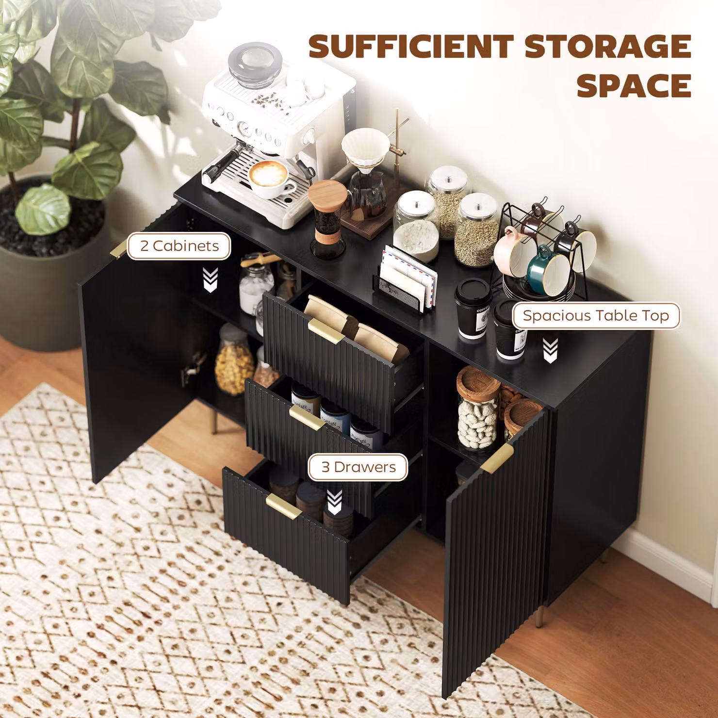 HOMCOM Modern 2-Door Sideboard with 3 Drawers and Adjustable Shelves in Black and Gold – 4