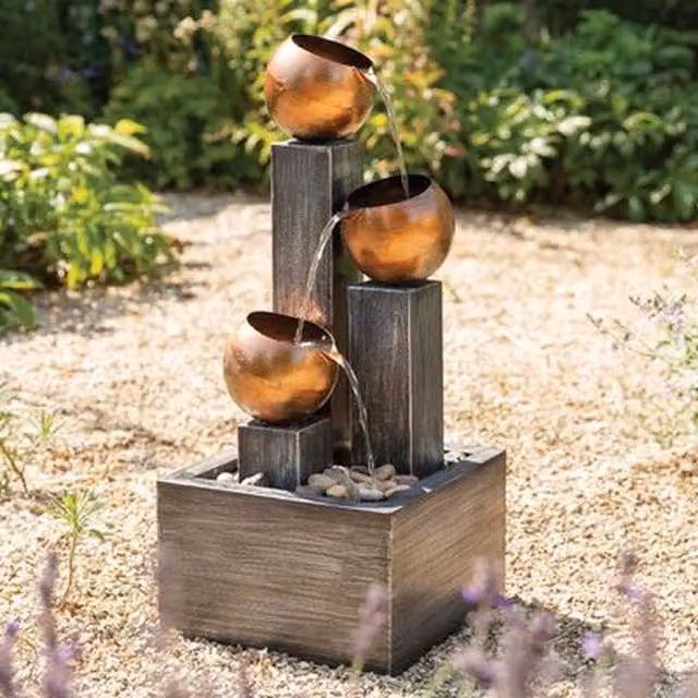 Tranquility Solar Powered Three Copper Bowl Water Feature Cascade in Grey