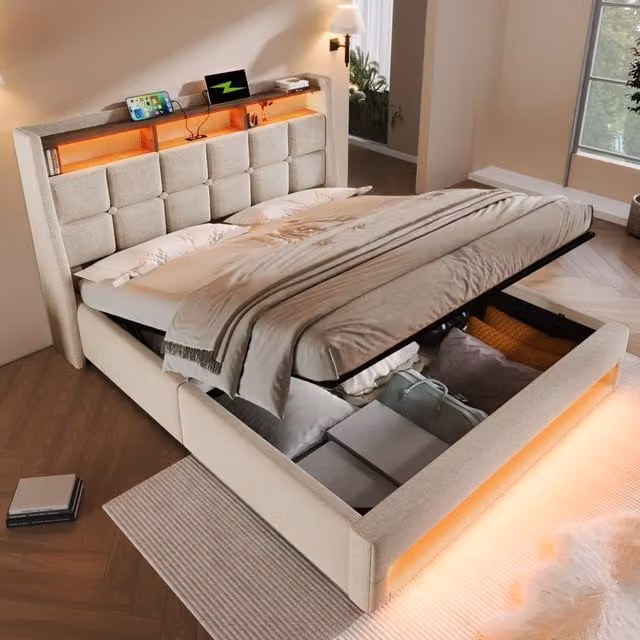 Matteo Upholstered Double Bed Frame with Under-Bed LED Lighting and USB Charging Port in Beige, W/D/H: 135 x 190 cm – 1