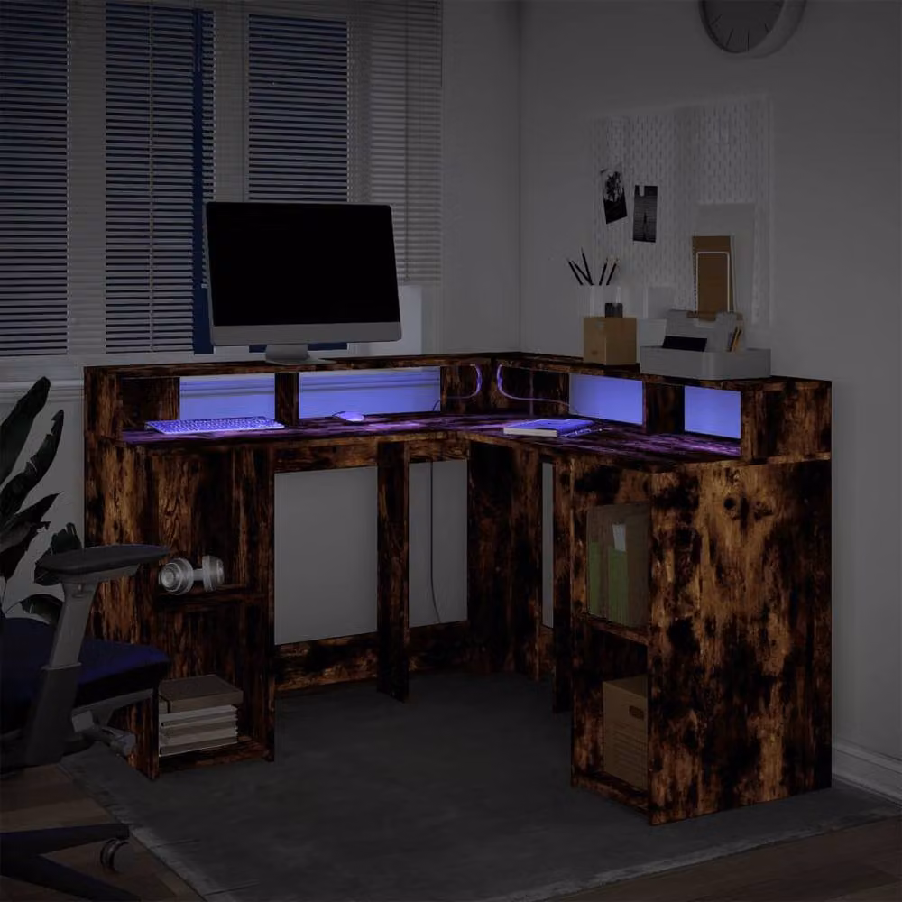 Berkfield Home Gaming Desk with LED Lights in Smoked Oak Brown, W/D/H: 130 x 130 x 91 cm – 5