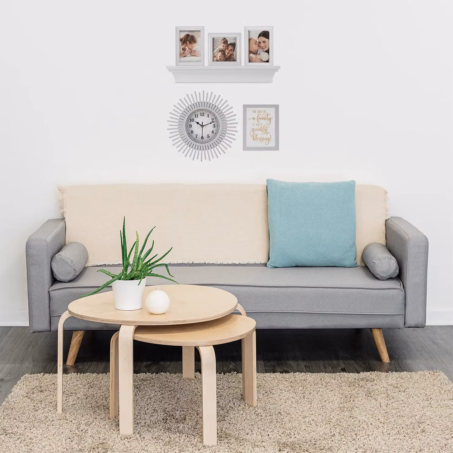 LIVIVO 6 Piece Geometric Wall Photo Frame Set with Clock and Shelf in White – 3