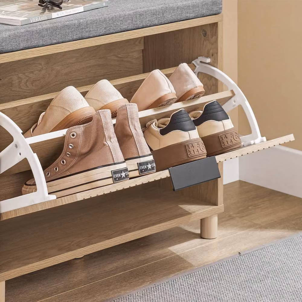 SoBuy Slim Entrance Bench and Shoe Rack in Light Oak with Grey Fabric – 3