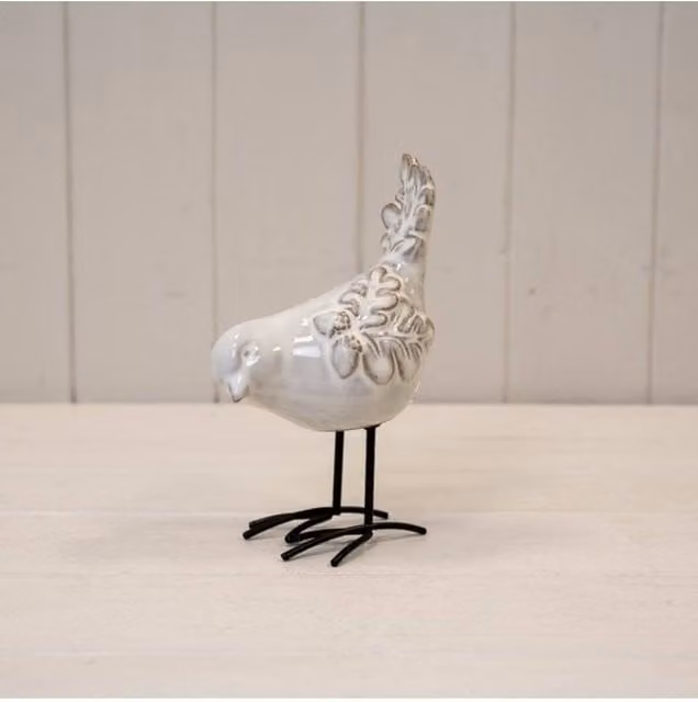 KDMD White Glazed Ceramic Bird Tabletop Ornament with Texture Detail