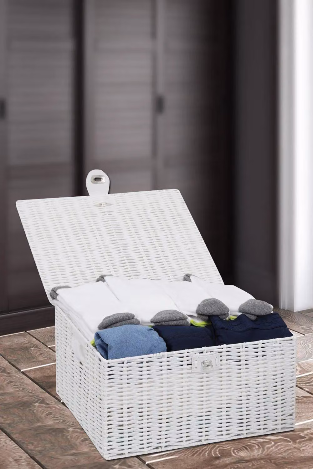 Arpan White Resin Woven Storage Basket with Lid and Lock, W: 28 cm, D: 20 cm, H: 12.5 cm – 3