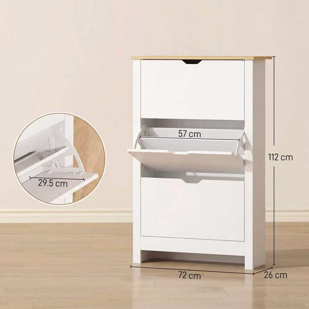 STILVORA Narrow White Modern Shoe Cabinet with 3 Tilting Compartments and Internal Shelves, W/D/H: 112.0 x 72.0 x 3.0 cm – 2