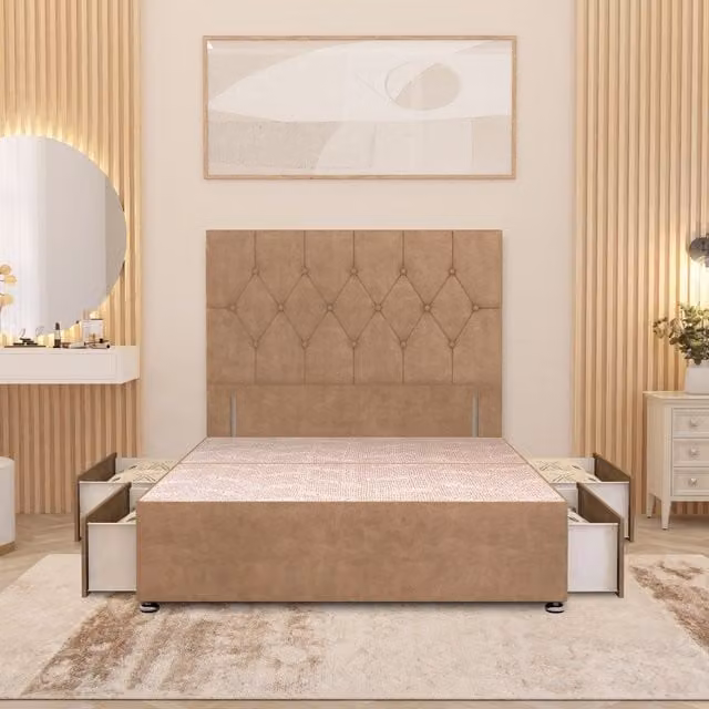 Somnior Beds Ltd Chesterfield Velvet Divan Bed Base with 4 Drawers and Floor Standing Headboard, Beige/Brown, W/D/H: 120 x 200 cm