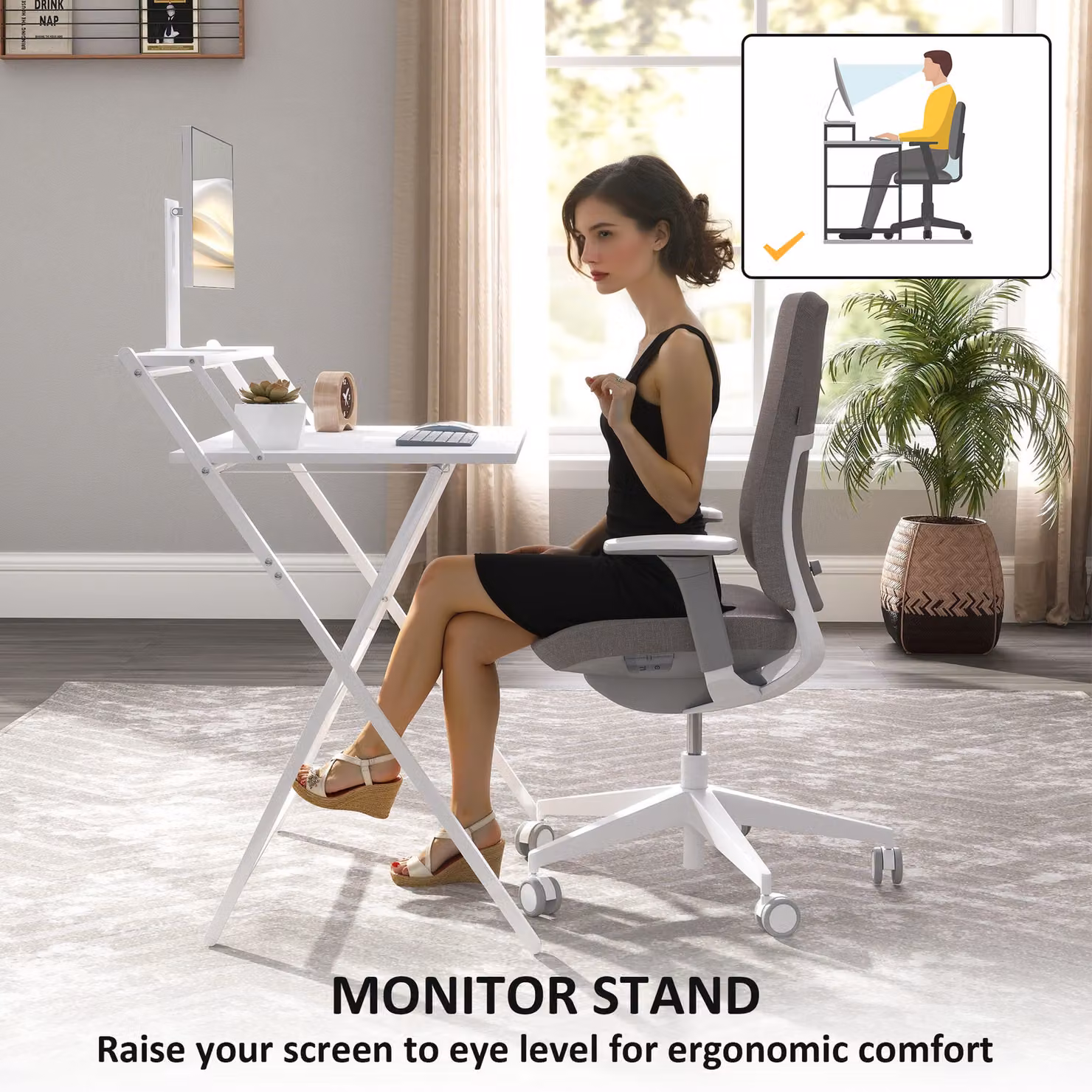 HOMCOM White Folding Computer Desk with Monitor Shelf – 3