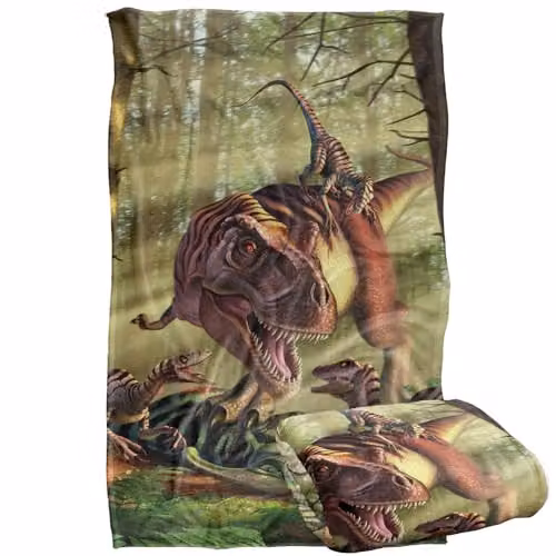 JQ Licensing Jlo T-Rex and Raptor Dinosaur Fight Super Soft Silky Touch Fleece Throw Blanket, Multicolour, W: 91 cm, D: 147 cm – 1