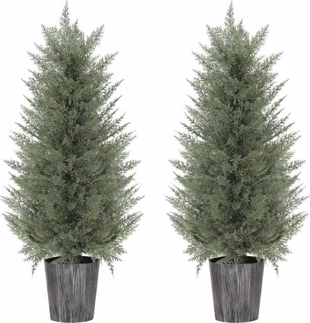 HOMCOM Set of 2 Green Artificial Cypress Trees with Decorative Pots, Height: 90 cm – 1