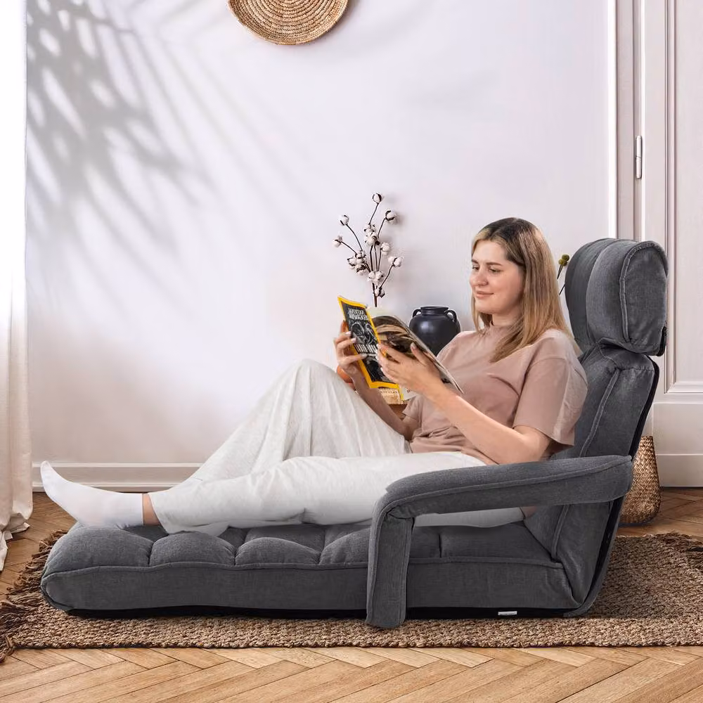 Costway Foldable Lazy Sofa Chaise Lounger in Grey with 6 Adjustable Positions and Metal Frame – 4